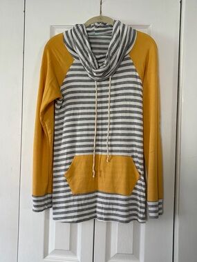 Striped Cowl Neck Pullover Hoodie in Mustard and Gray - Women